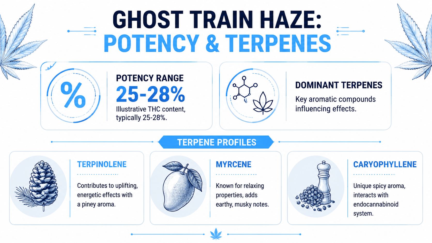 An infographic detailing the THC potency range and dominant terpene profile of the Ghost Train Haze strain.