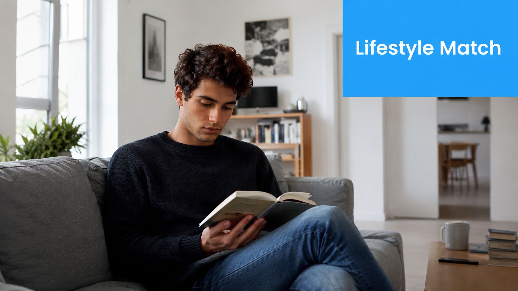 A young man sitting on a comfortable gray sofa reading a book in a modern home interior.