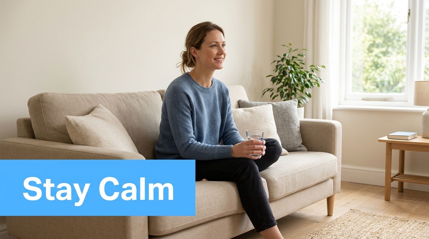 A calm woman sitting on a comfortable sofa holding a glass of water, promoting peace and relaxation.