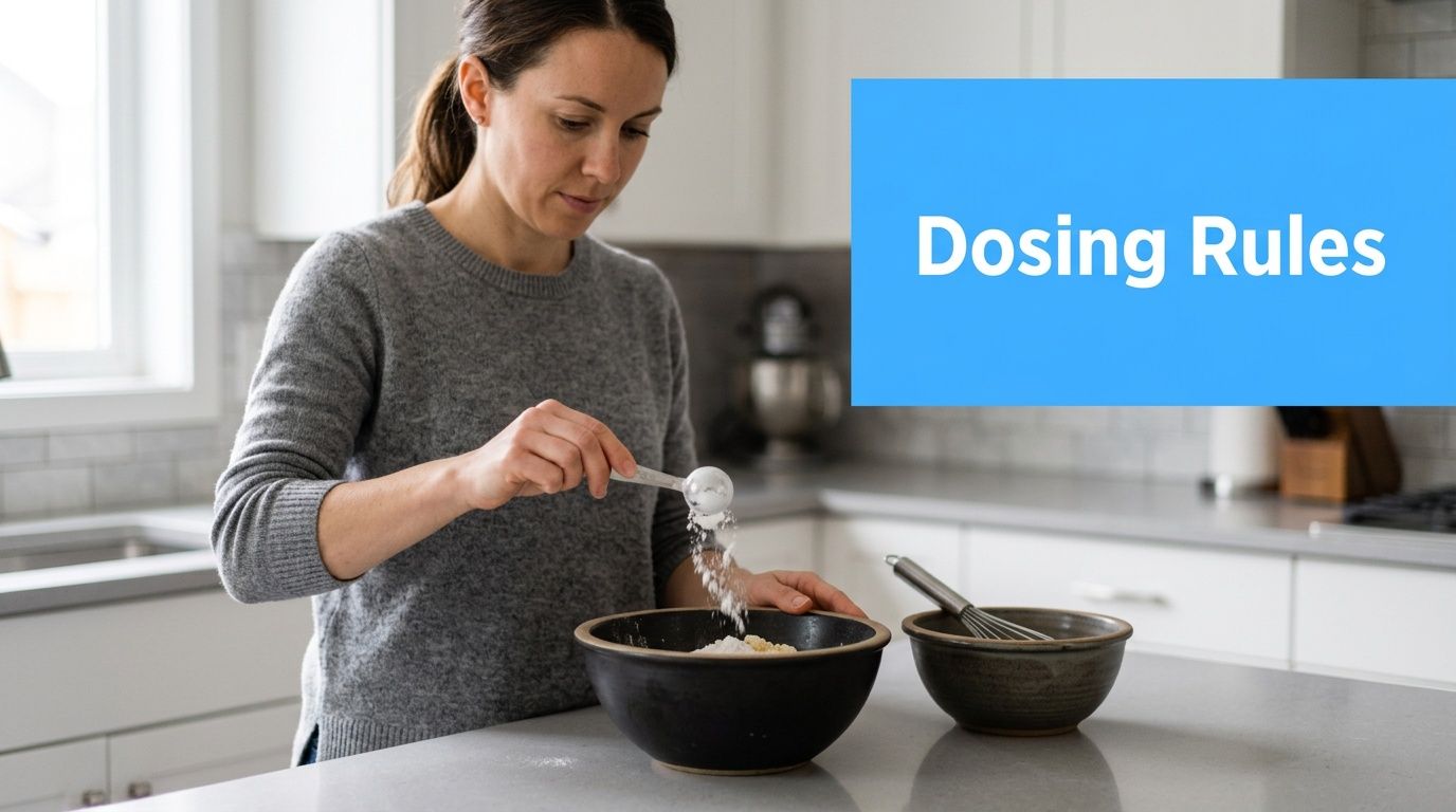 A woman in a grey sweater carefully measuring dry ingredients into a dark mixing bowl in her kitchen.