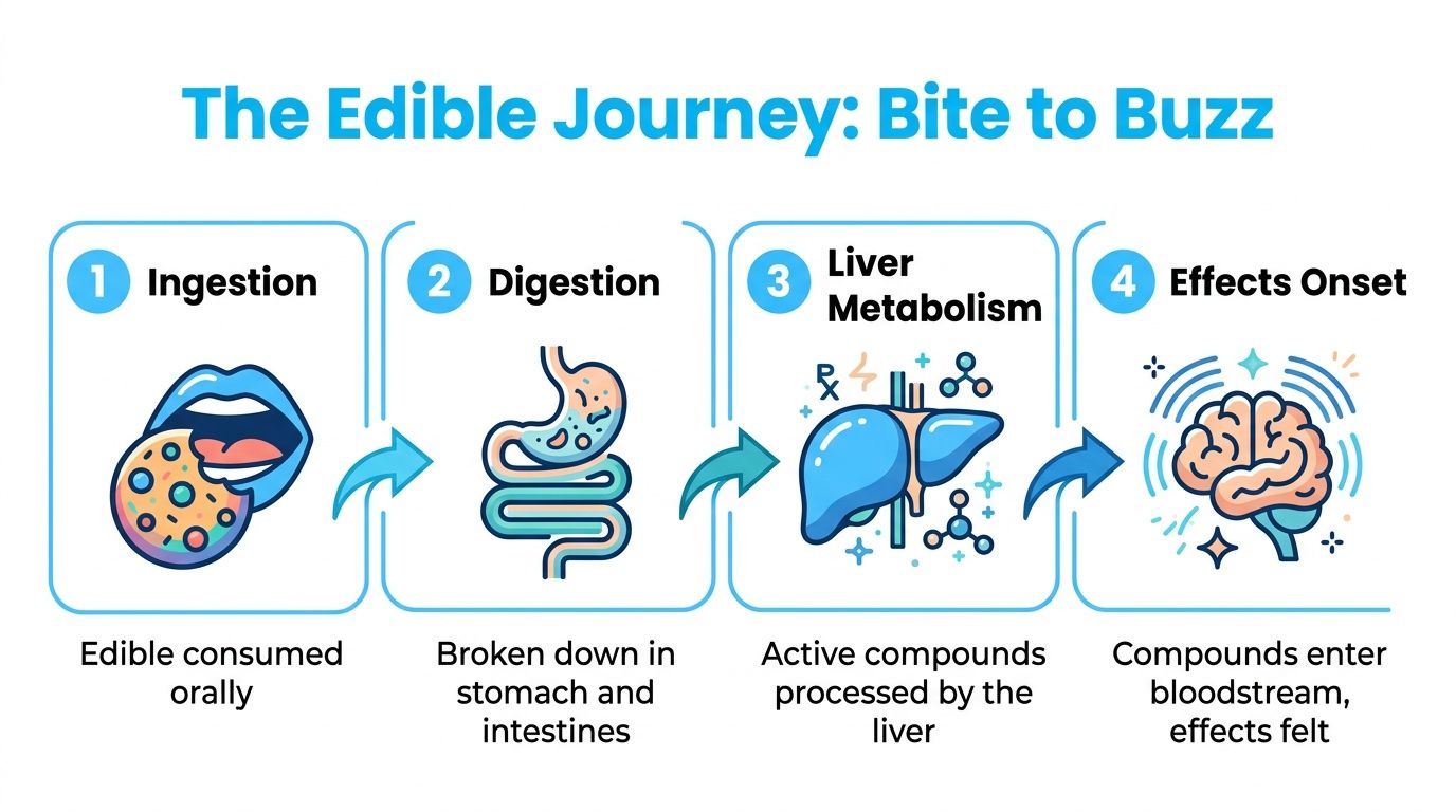 A four-step infographic illustrating the biological process of how edibles are metabolized from ingestion to effects onset.