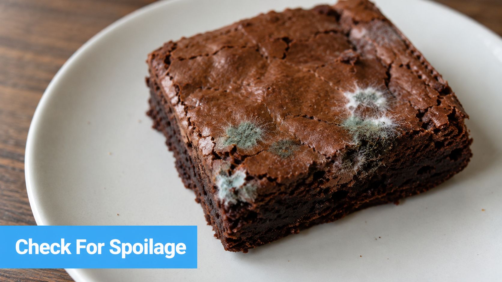 A square chocolate brownie sitting on a white plate with visible spots of green mold growth.