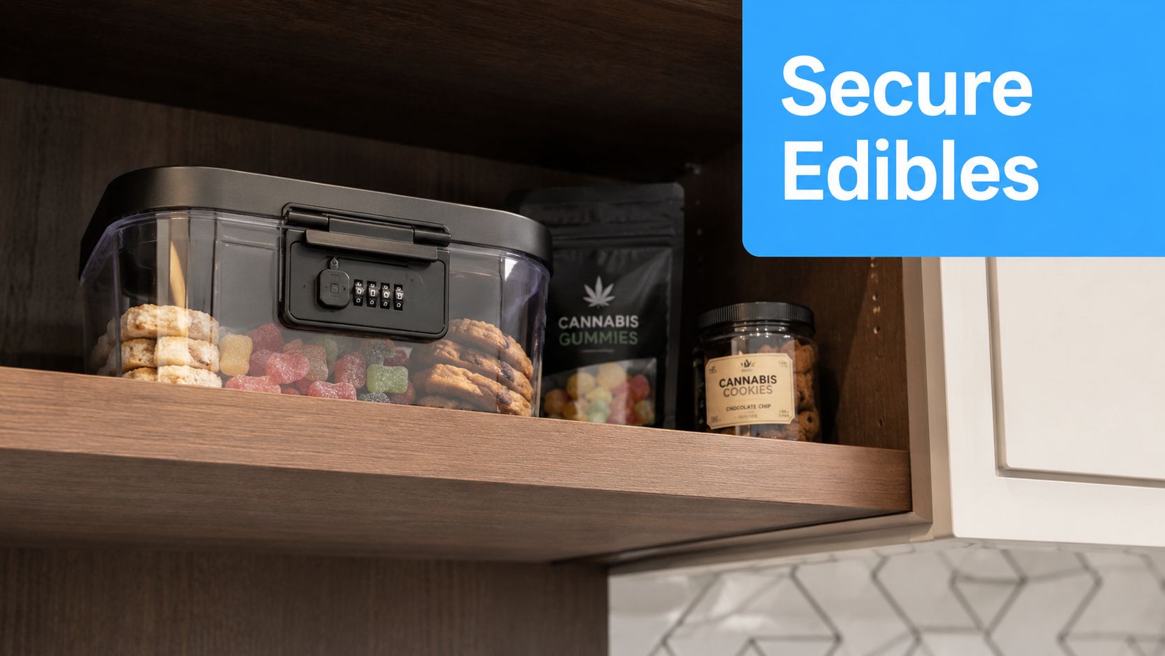 A secure, lockable container holding various snacks and treats inside a wooden kitchen cupboard shelf.
