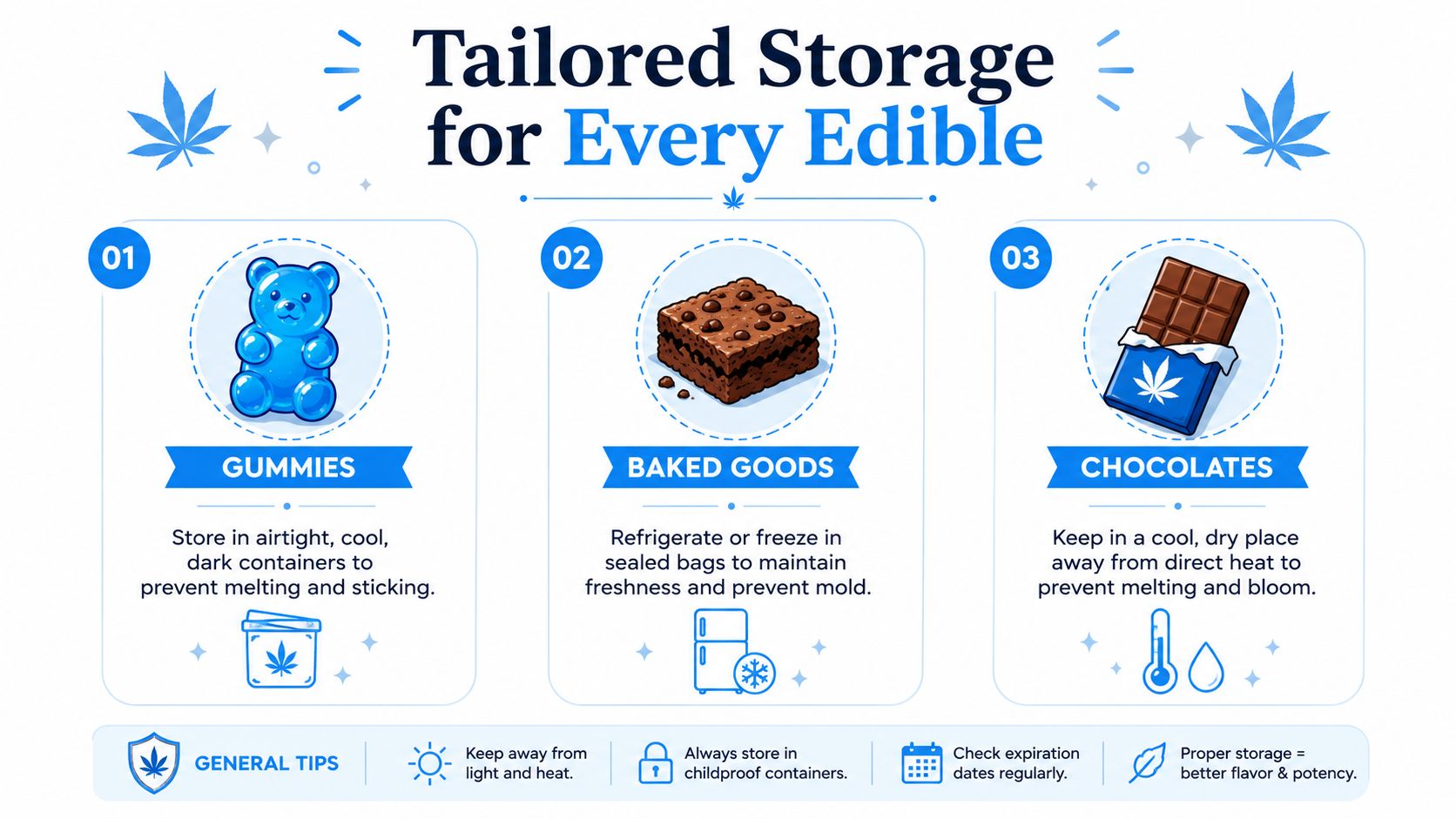 An infographic titled Tailored Storage for Every Edible, showing how to store gummies, baked goods, and chocolates properly.