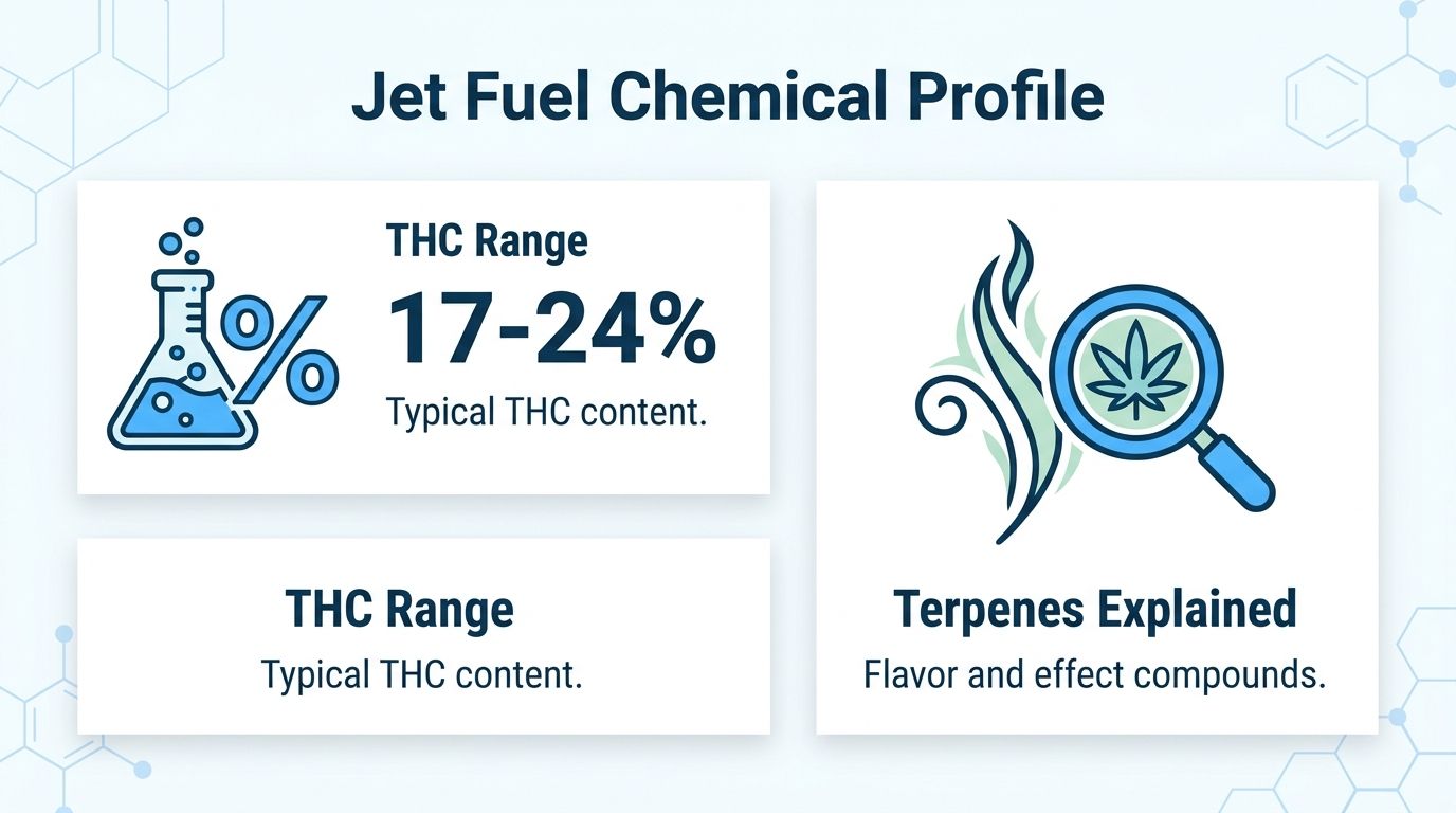 An infographic showing the chemical profile of the Jet Fuel cannabis strain, displaying THC levels and terpenes.