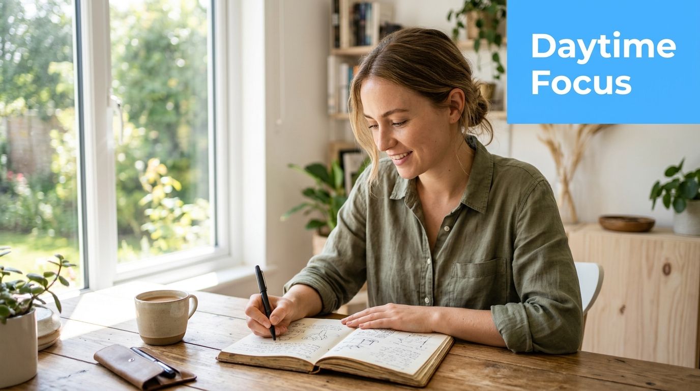 A smiling young woman sitting at a bright wooden table writing in a notebook near a window.