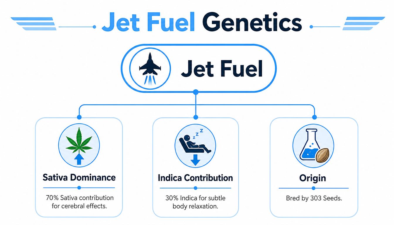 A diagram infographic explaining the genetics of Jet Fuel cannabis strain showing sativa dominance and indica contribution.