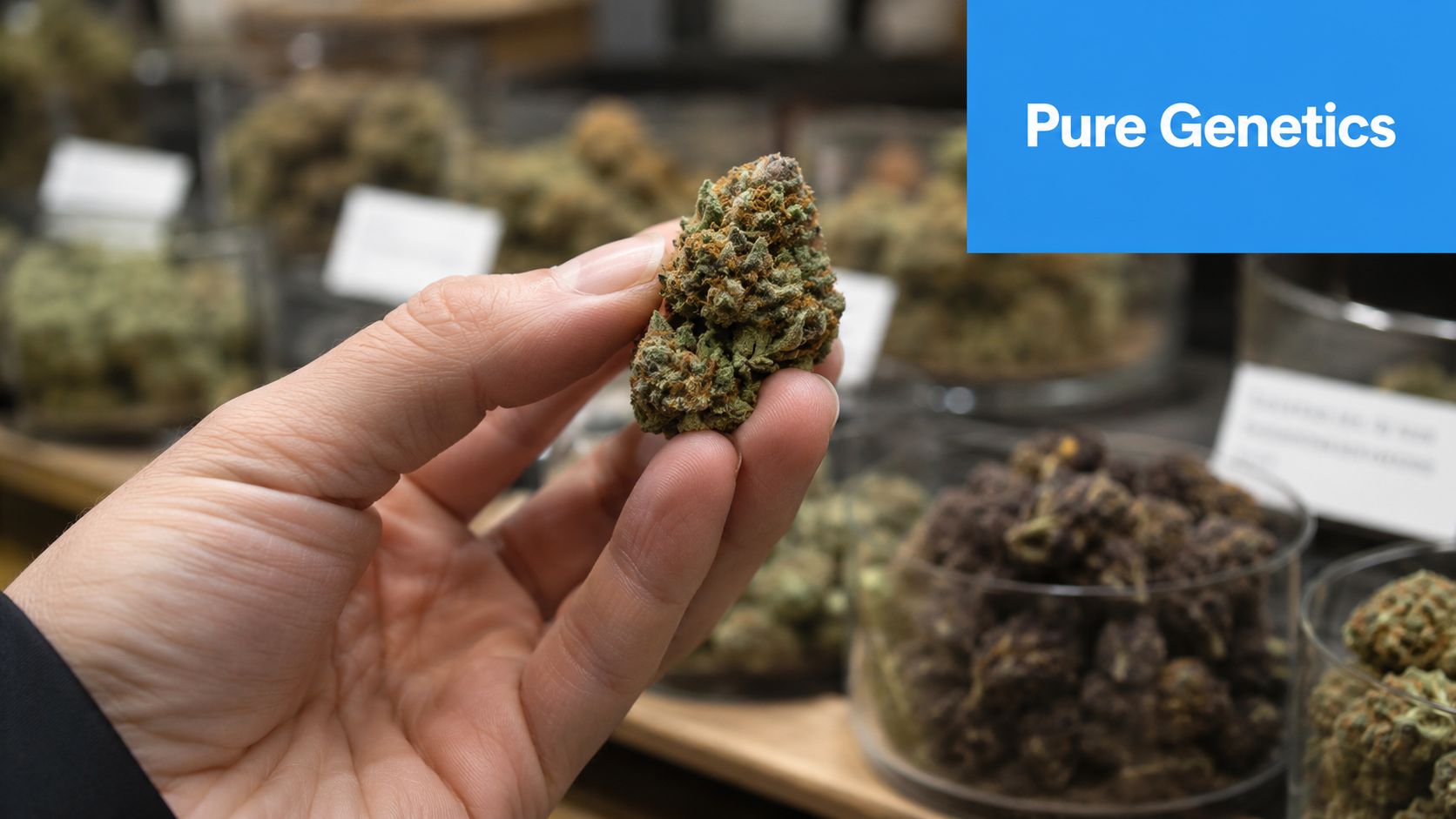 A close-up view of a hand holding a piece of dried cannabis flower in a dispensary.