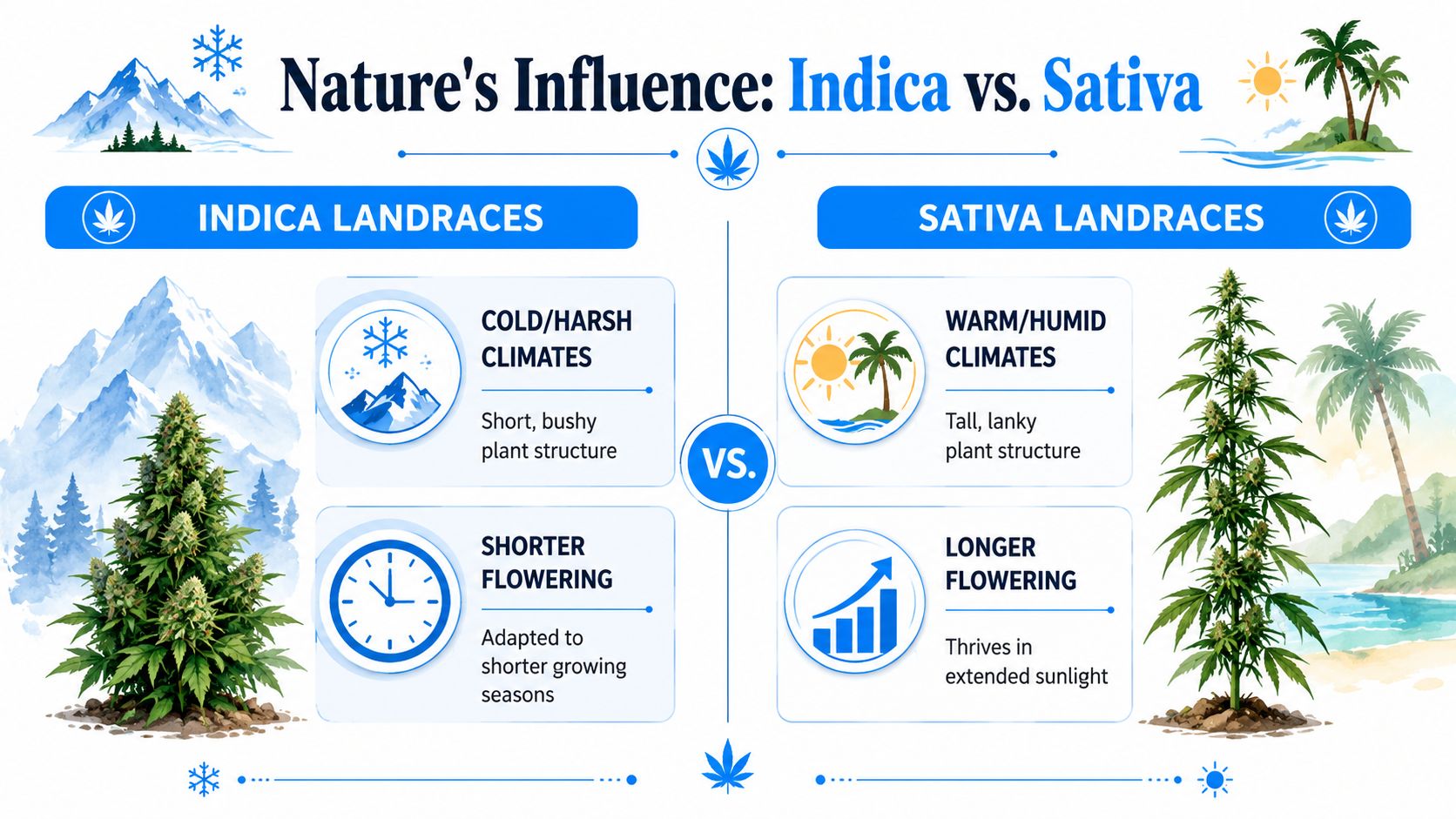 An infographic comparing Indica and Sativa landrace cannabis plants by climate, structure, and flowering time.
