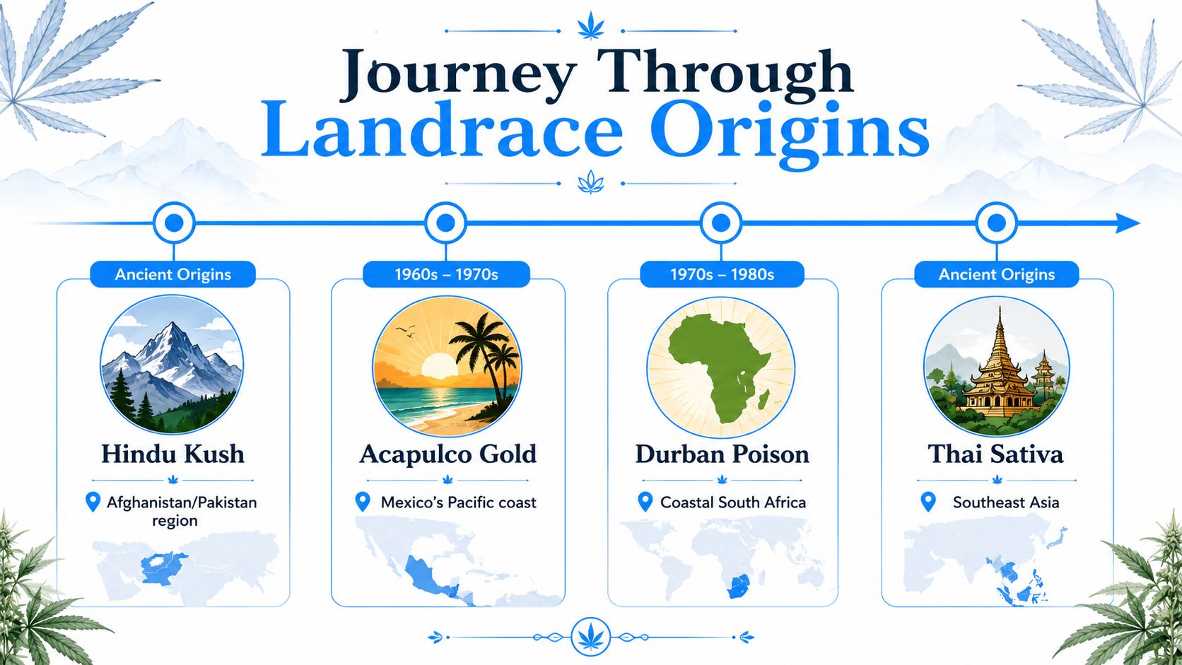 A timeline graphic showing the geographical origins and time periods of four iconic cannabis landrace strains.