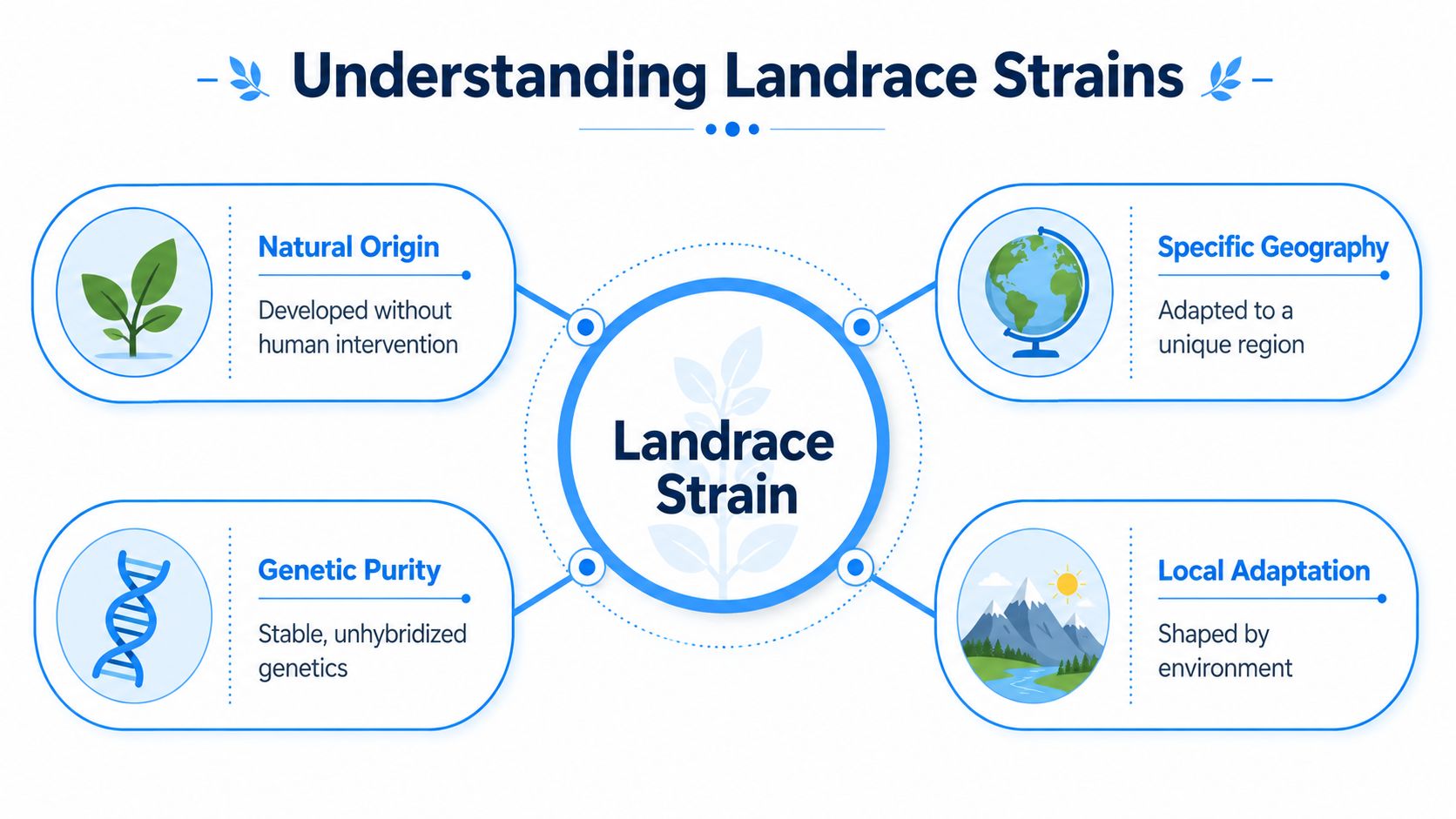 An infographic titled Understanding Landrace Strains explaining their natural origin, genetic purity, specific geography, and local adaptation.