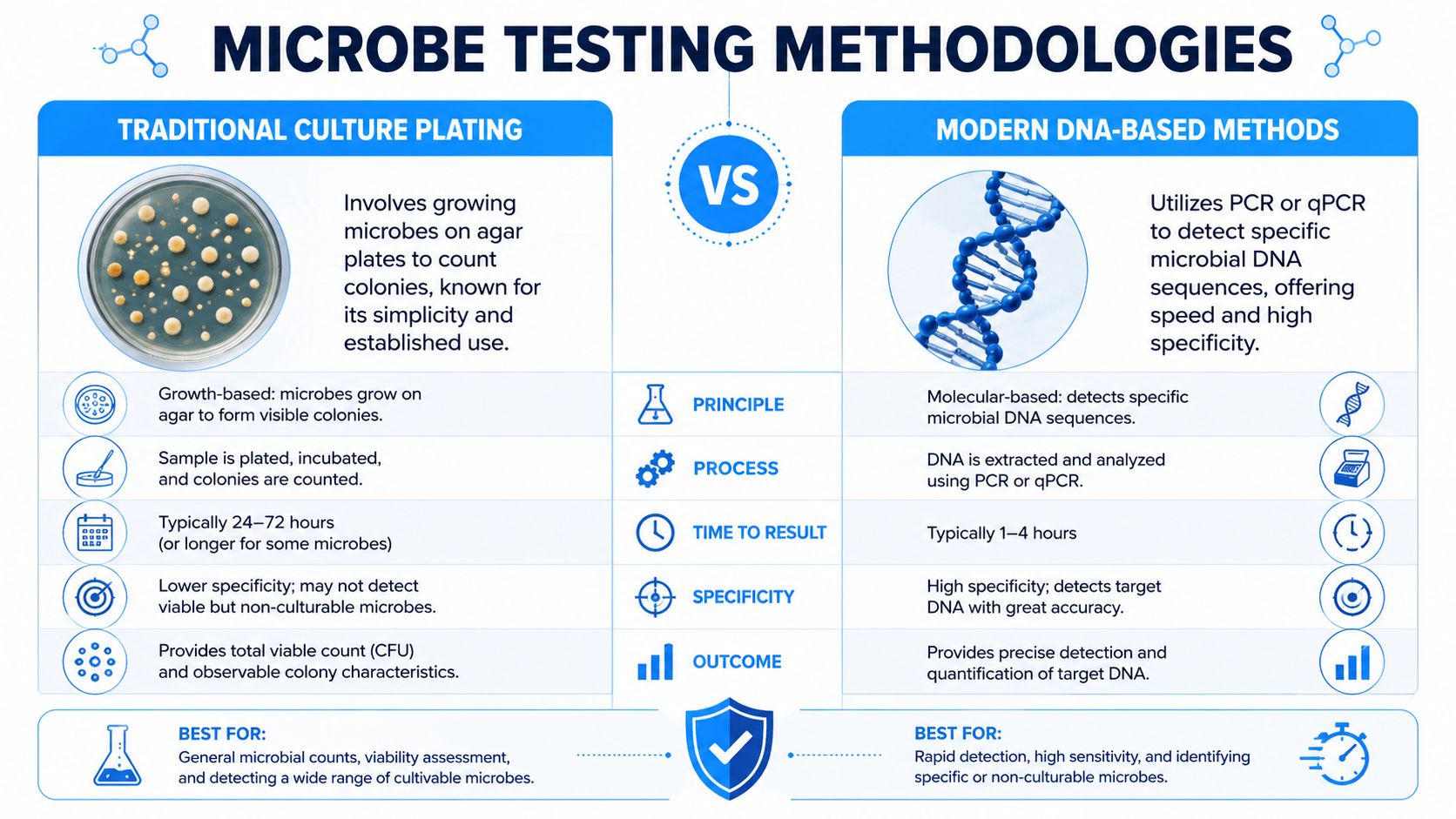 A comparison chart outlining the differences between traditional culture plating and modern DNA-based microbial testing methodologies.