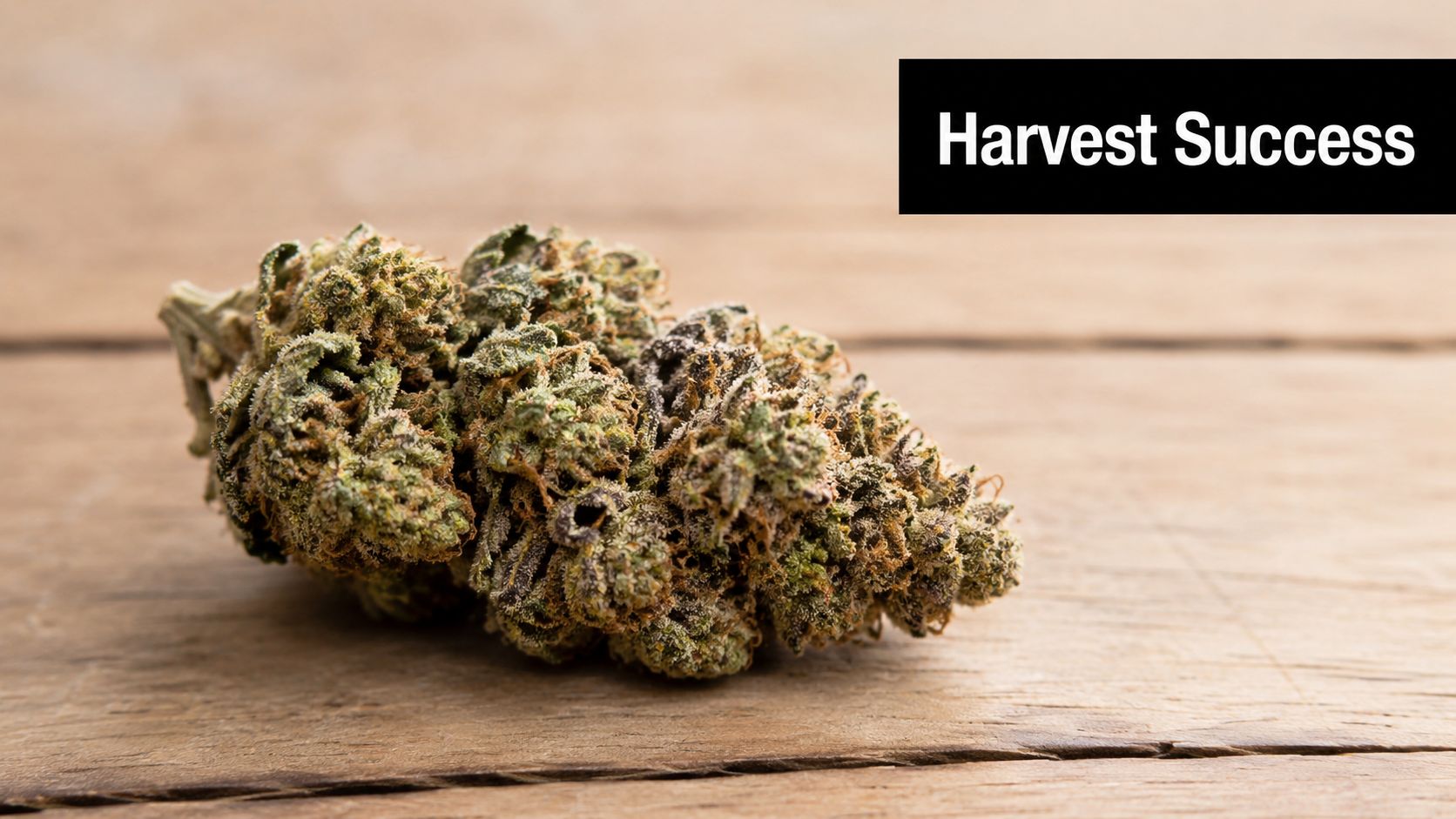 A close-up photograph of a dried cannabis flower bud resting on a rustic wooden surface.