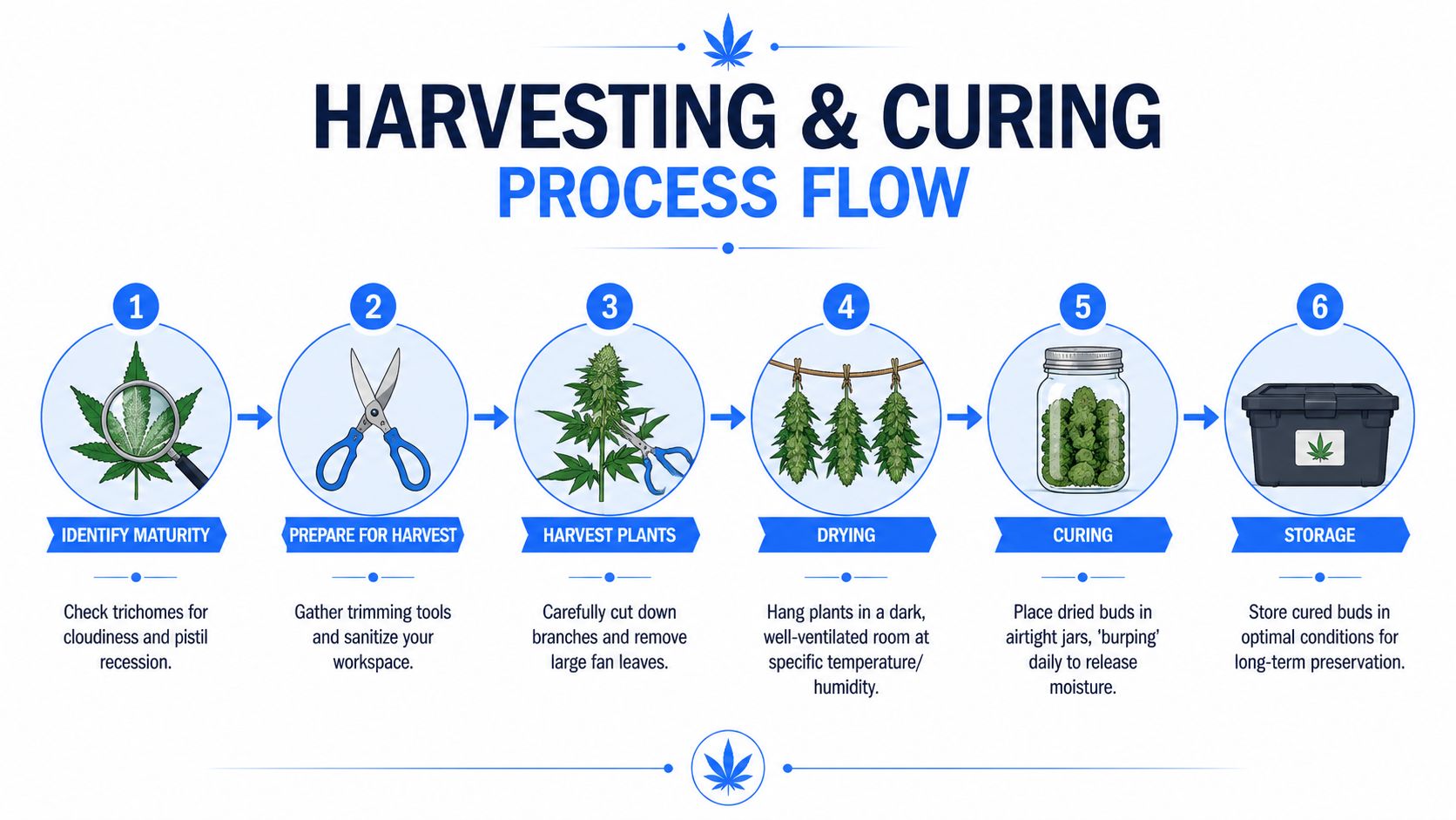 An infographic outlining the six steps of the cannabis harvesting and curing process, from maturity to long-term storage.
