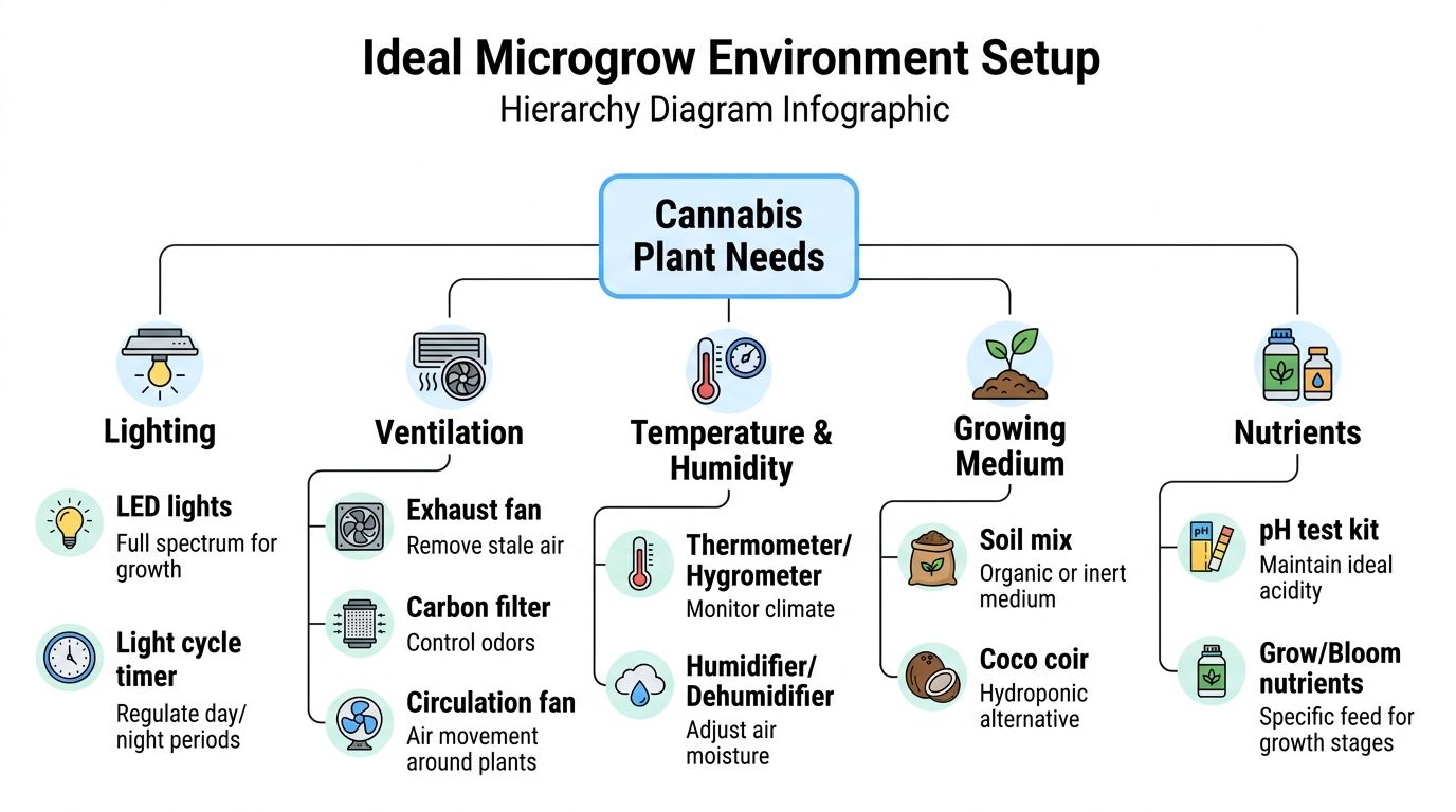 An infographic showing the five core environmental needs for a cannabis microgrow setup, including equipment and components.