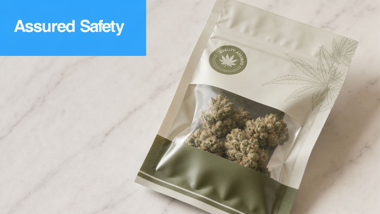 A pouch of dried cannabis flower buds sitting on a white marble surface for safety testing.