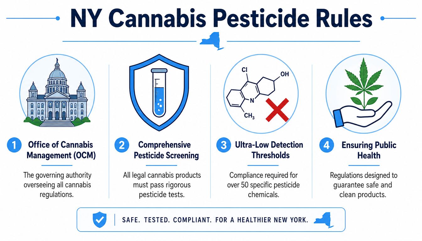 An infographic detailing the four main components of New York State cannabis pesticide safety and testing regulations.