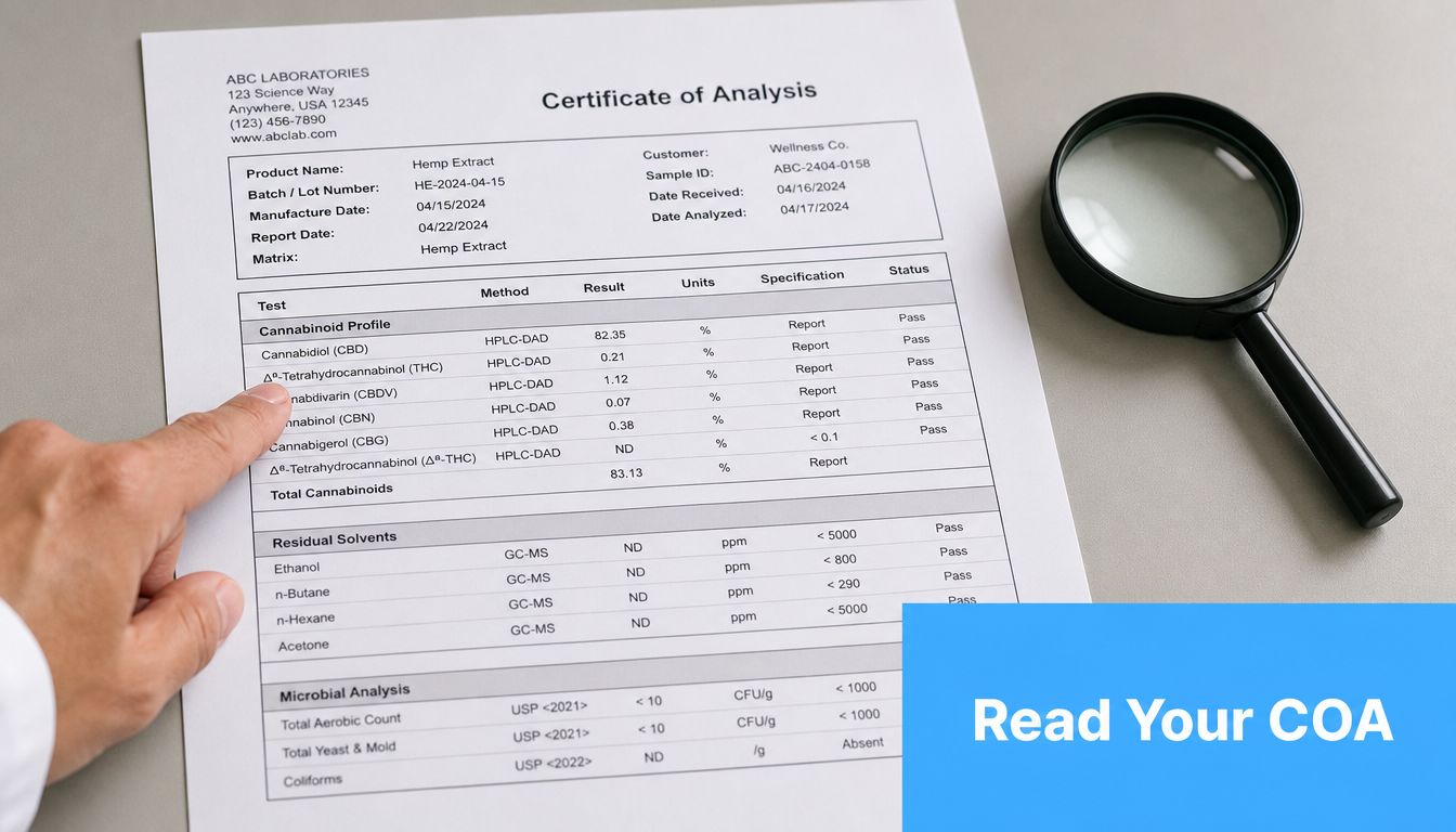 A hand pointing to a cannabinoid profile section on a printed Certificate of Analysis laboratory document.