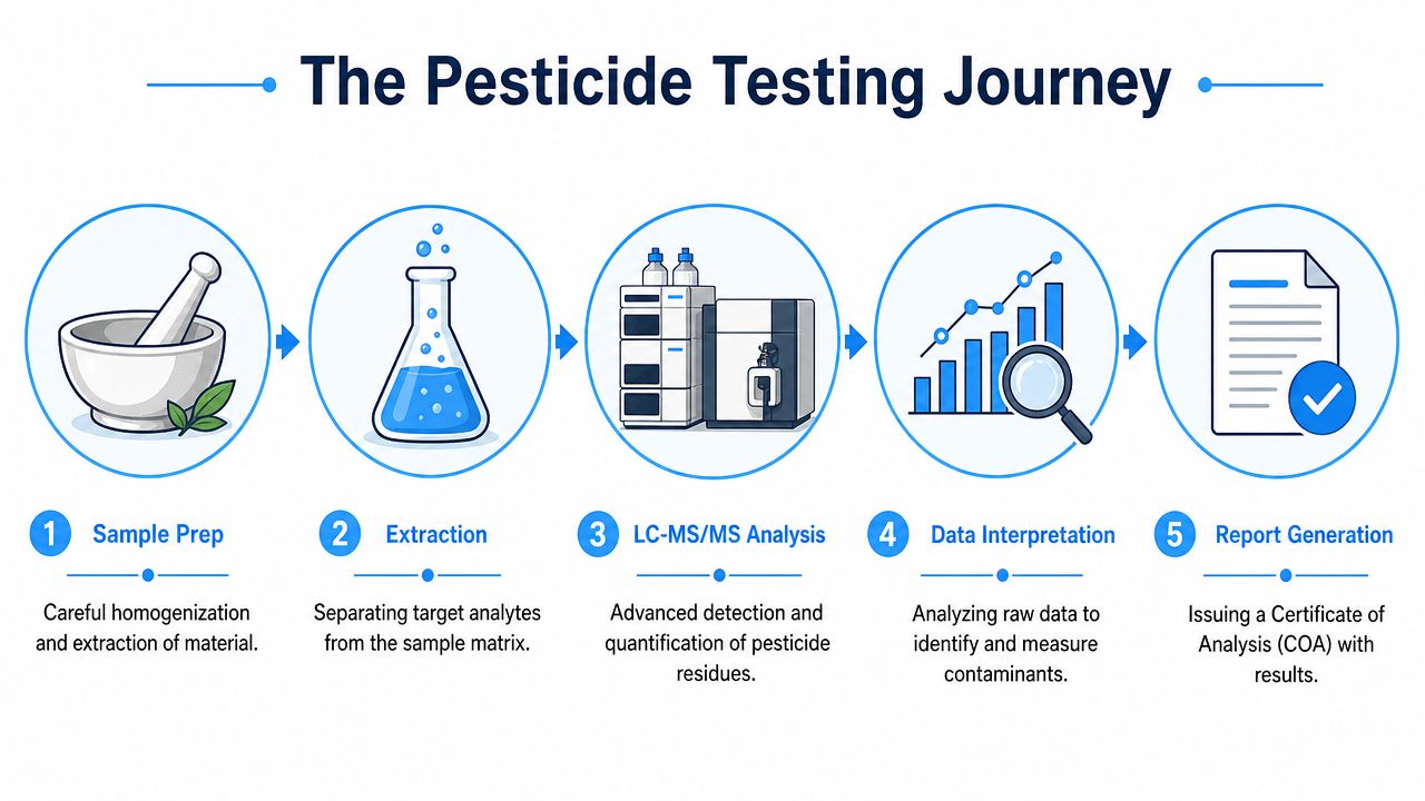 A five-step infographic showing the pesticide testing journey from sample preparation to final report generation.