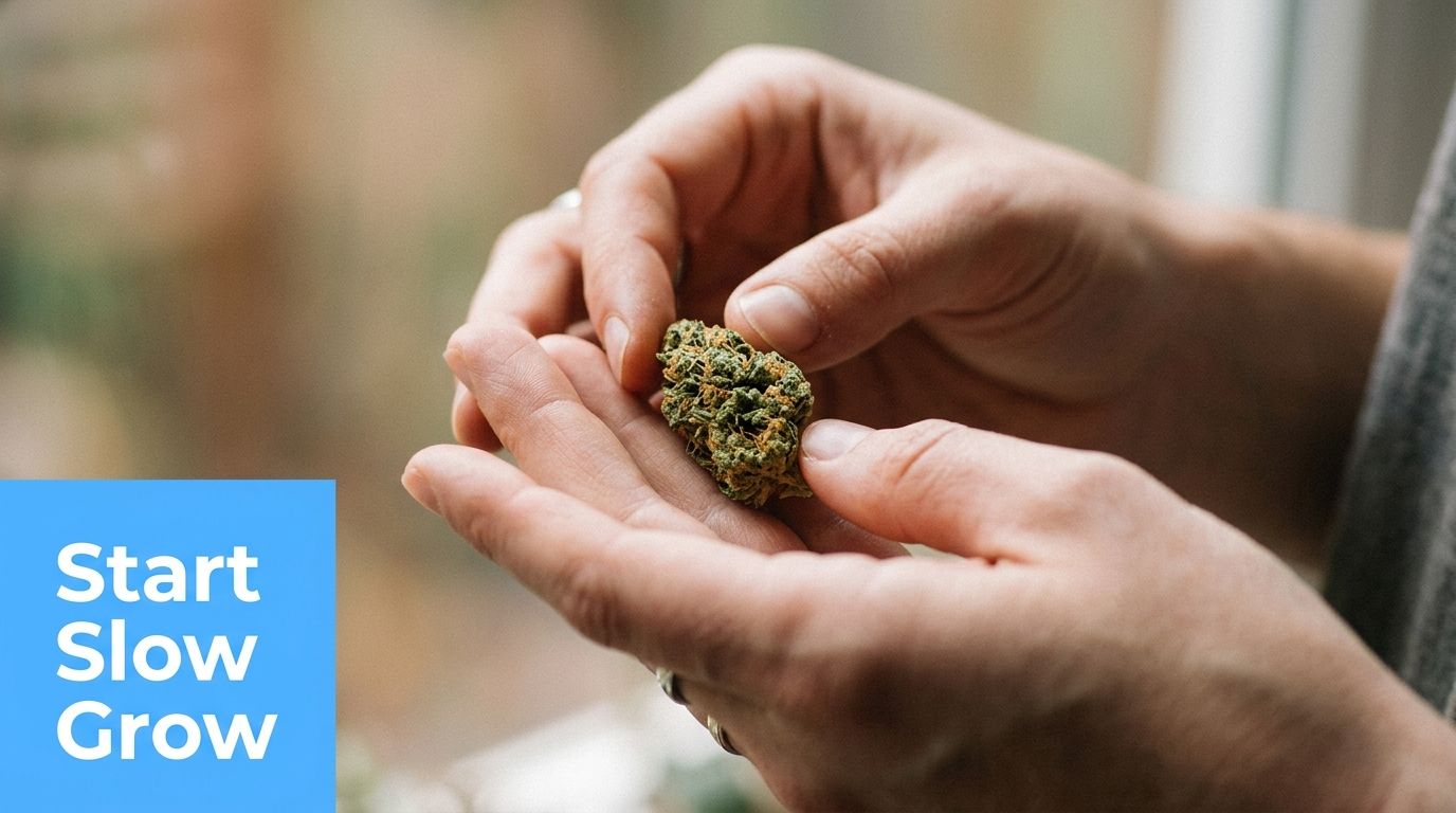 A person holding a small cannabis flower bud in their hands with text overlay reading Start Slow Grow.