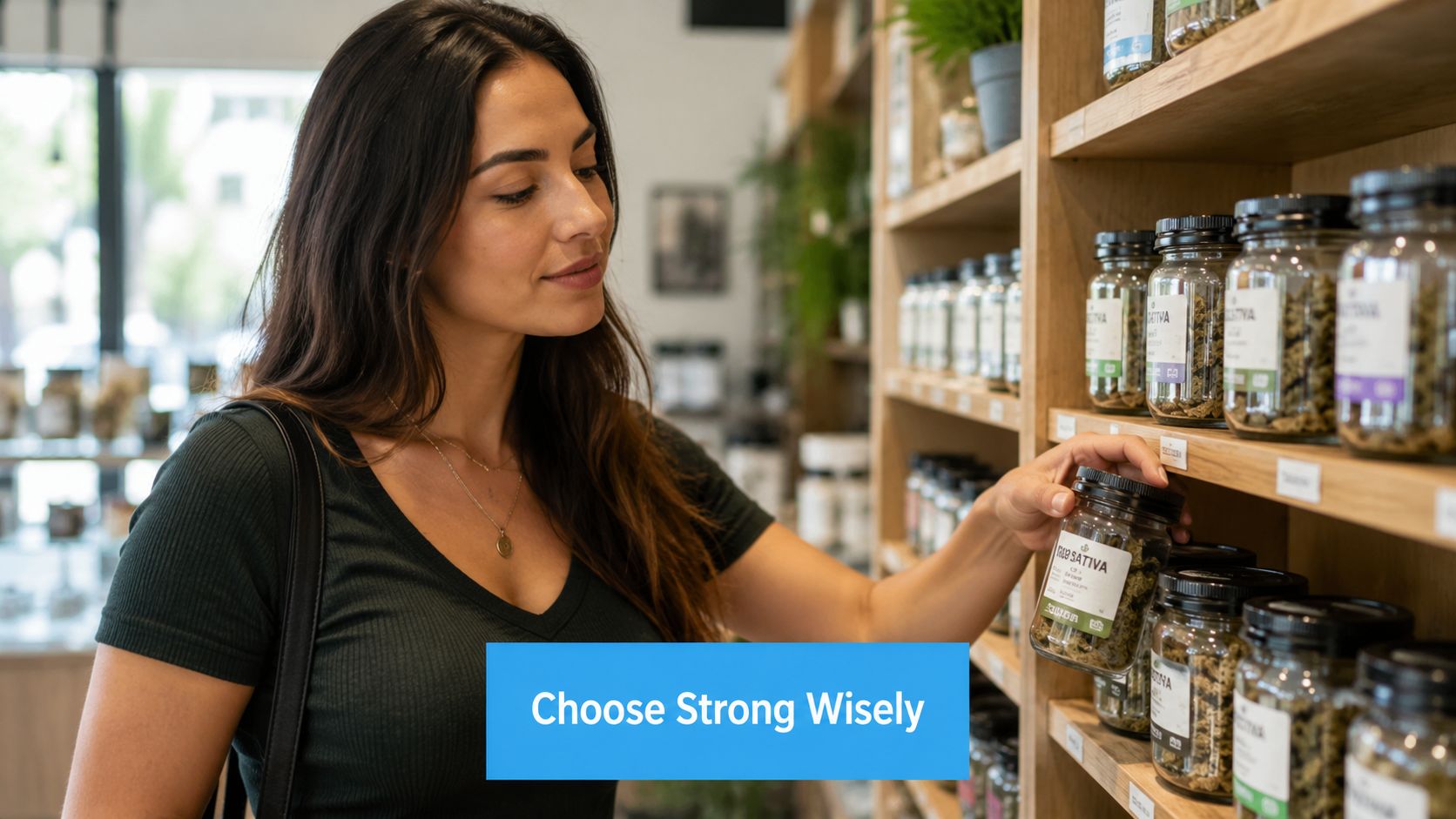 A young woman shopping for cannabis products in a modern, organized dispensary with glass jars on wooden shelves.