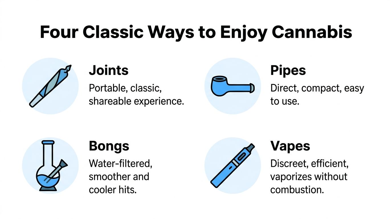 A graphic illustration detailing four traditional methods for consuming cannabis: joints, pipes, bongs, and vaporizers.