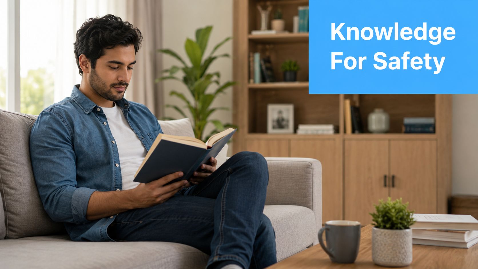 A young man sitting on a sofa in a living room, peacefully reading a book.