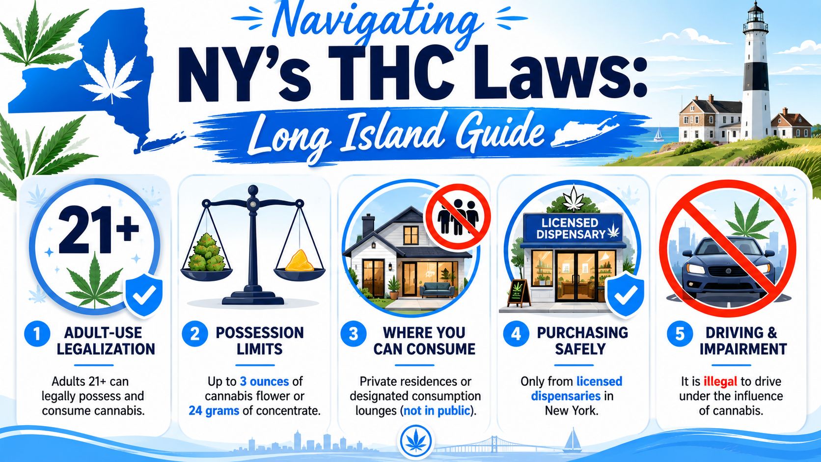 An infographic titled Navigating NY's THC Laws: Long Island Guide outlining five key rules for legal cannabis usage.