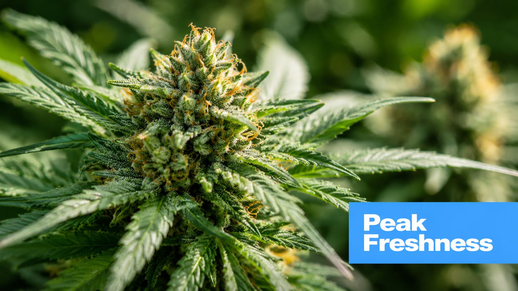 Close-up view of a vibrant, trichome-covered cannabis flower growing in a lush, green garden.
