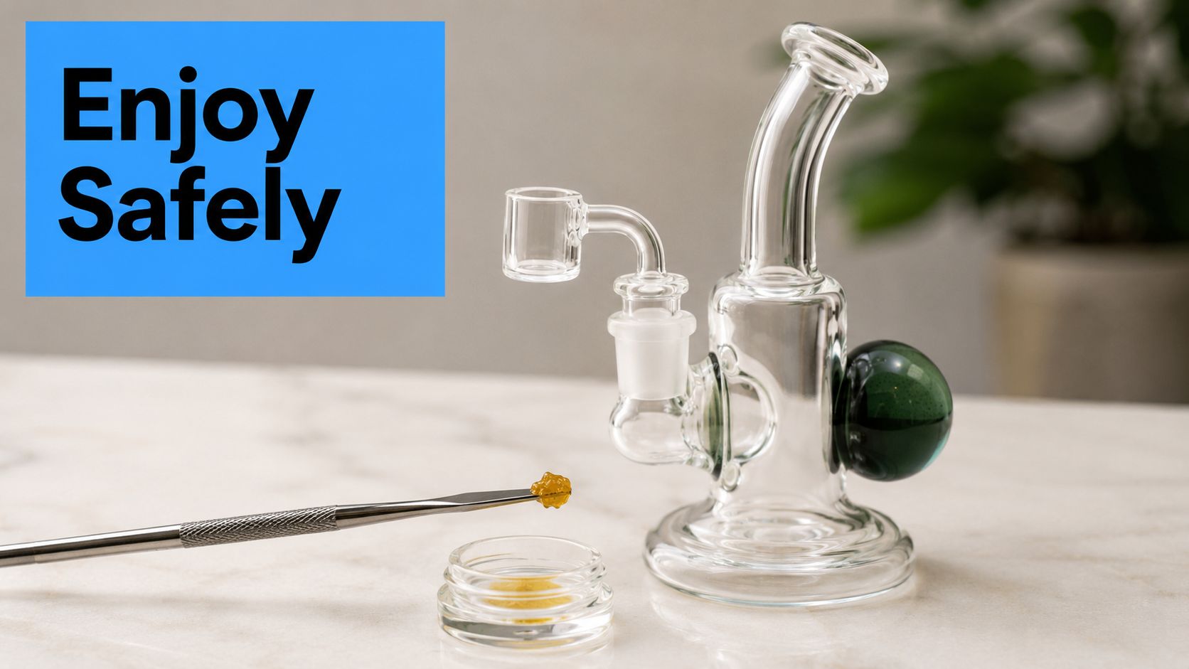 A glass dab rig, a metal dab tool with golden resin, and a small concentrate container.