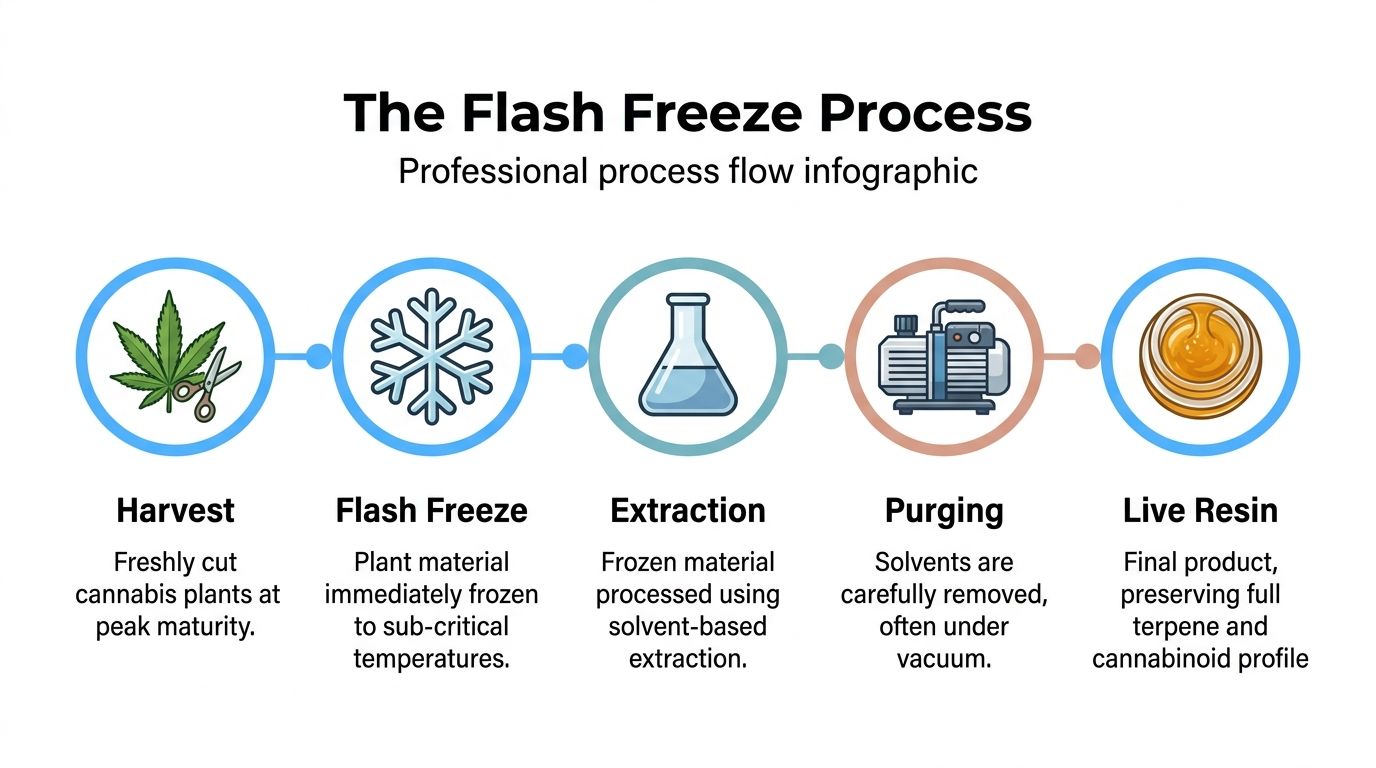 An infographic titled The Flash Freeze Process showing the steps to create live resin cannabis concentrate.