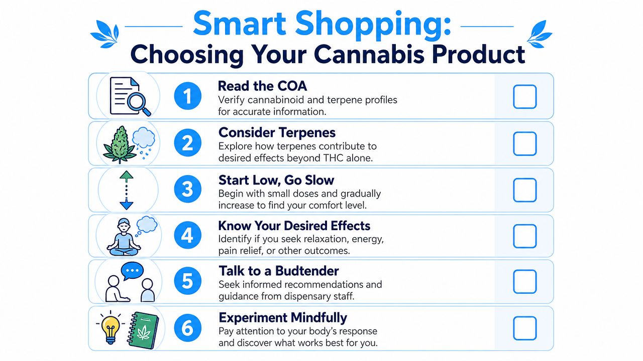 An infographic checklist guiding consumers on how to shop for and choose the right cannabis products.