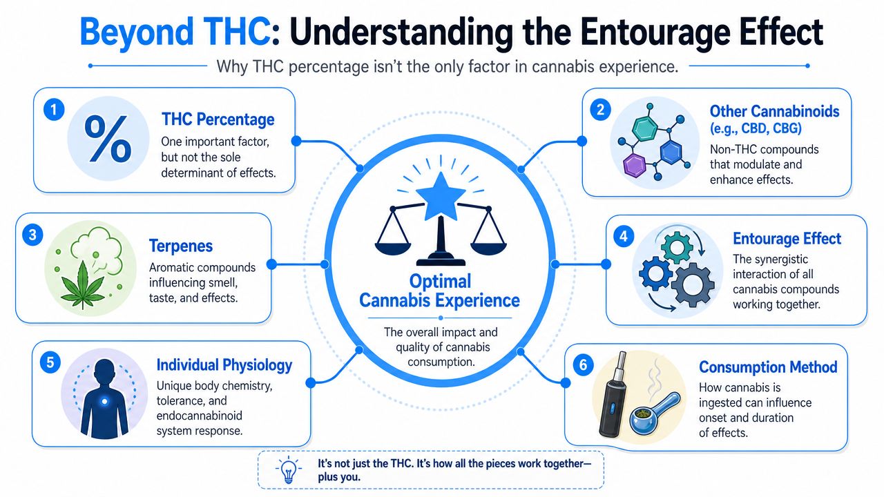 An infographic titled Beyond THC explaining the factors beyond THC percentage that create an optimal cannabis experience.