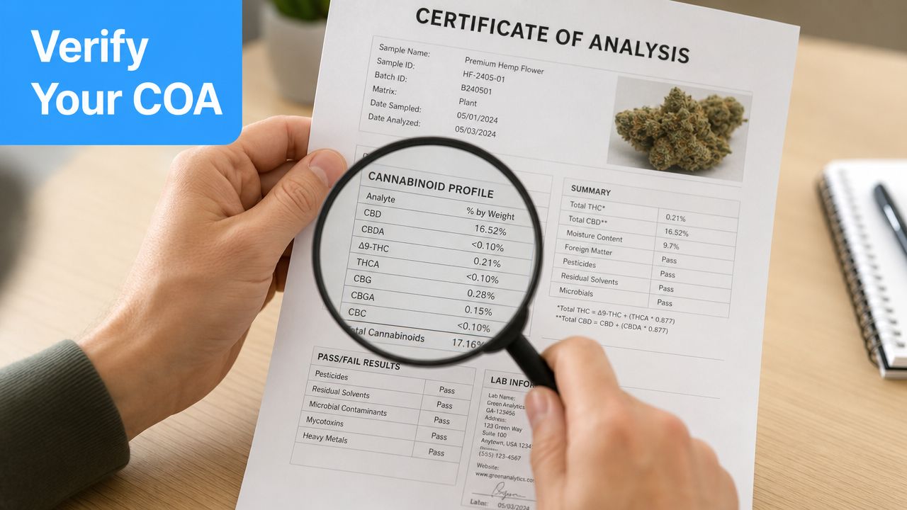 A person inspects a Certificate of Analysis document for hemp flower with a magnifying glass.