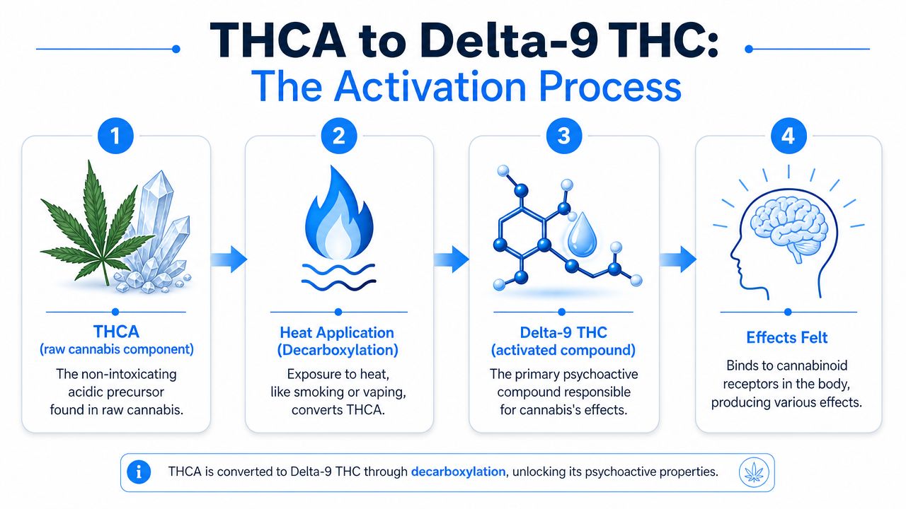 A four-step infographic explaining how heat decarboxylation converts non-intoxicating THCA into psychoactive Delta-9 THC in cannabis.