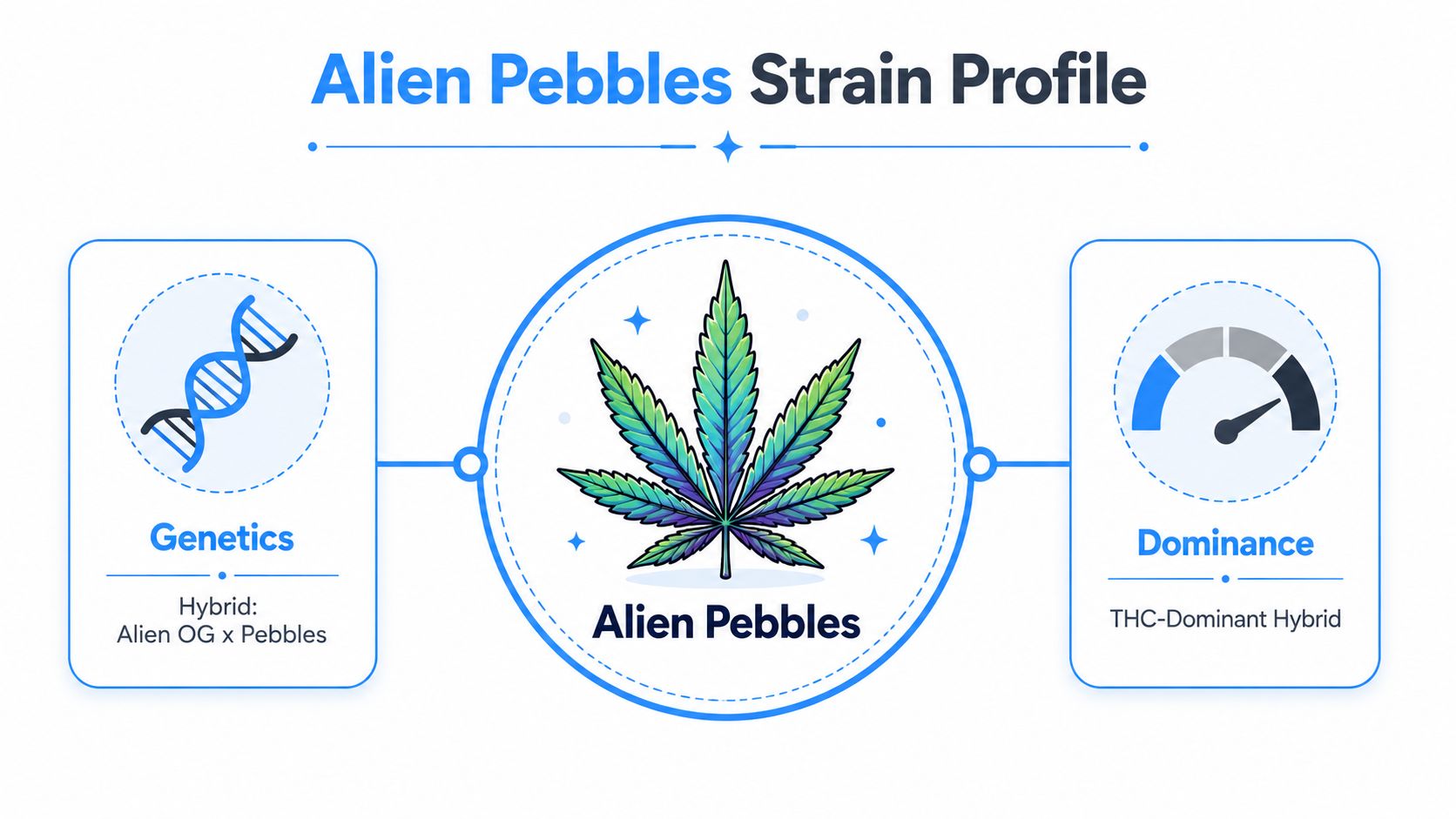 A graphic profile of the Alien Pebbles cannabis strain showing its hybrid genetics and THC dominance.