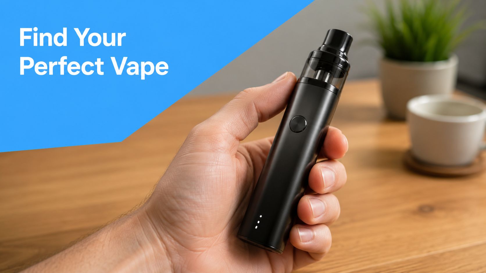 A hand holding a sleek black portable vaporizer pen, promoting a Find Your Perfect Vape advertisement.