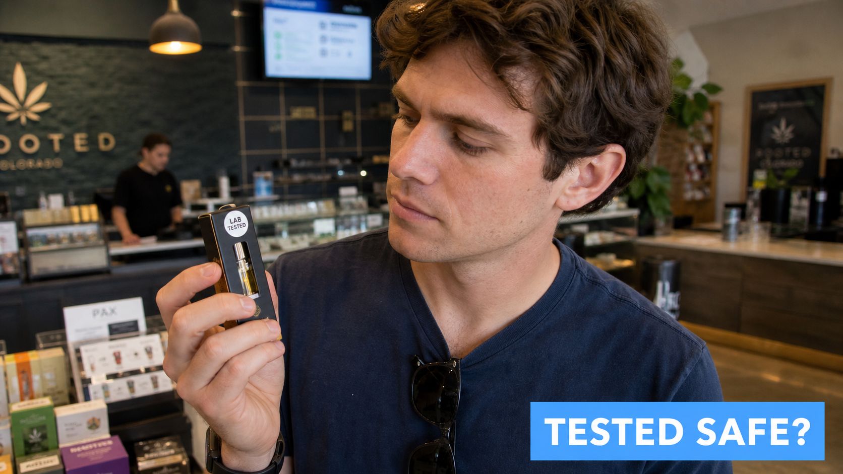 A man examines a small box labeled "LAB TESTED" while shopping inside a professional cannabis dispensary store.
