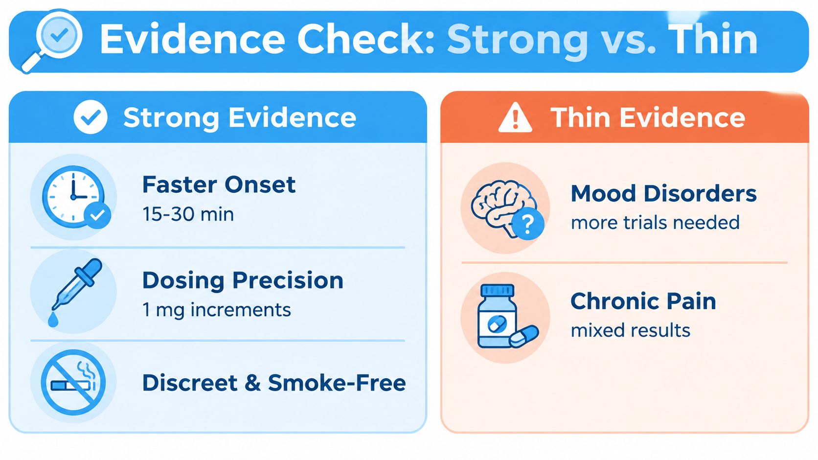A comparative infographic showing strong evidence for cannabis tincture benefits versus thin evidence for other uses.