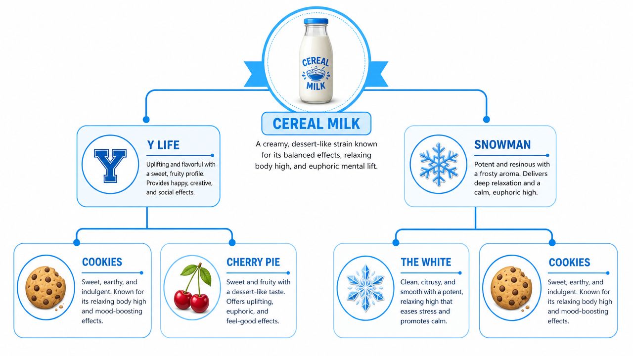 An infographic displaying the lineage and genetic breakdown of the Cereal Milk cannabis strain.