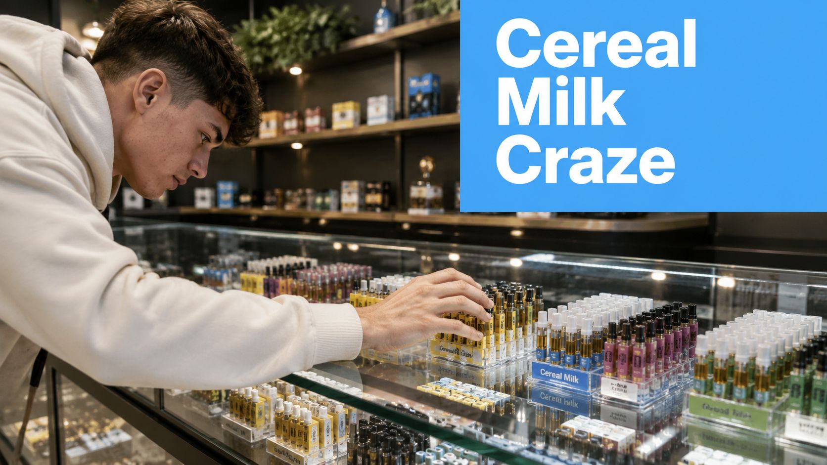 A young man looking at a display case filled with colorful Cereal Milk vape cartridges in store.