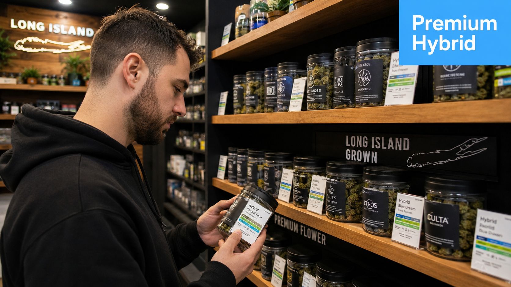 A man examines a jar of cannabis flower labeled Hybrid Animal Face at a local dispensary.
