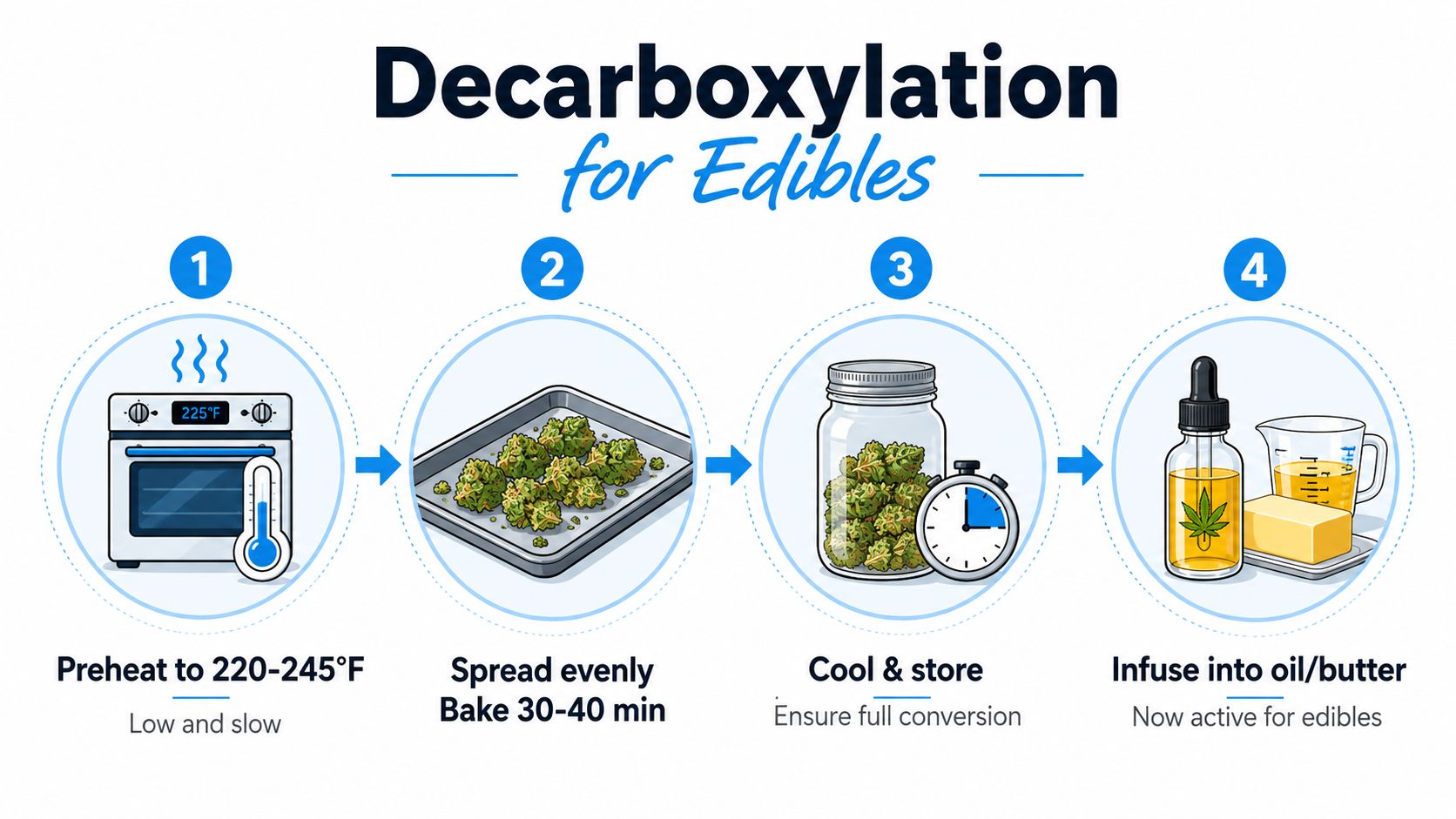 A four-step infographic showing how to decarboxylate cannabis flower in an oven for making edibles.