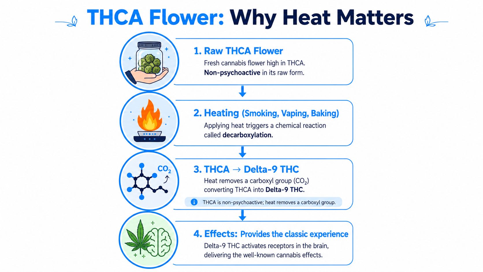 A four-step infographic explaining how heat decarboxylates THCA flower into psychoactive Delta-9 THC for consumption.