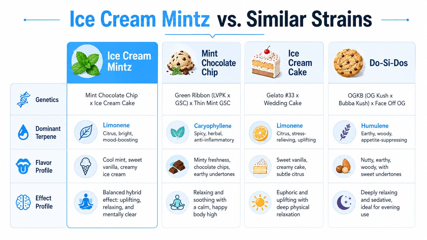 A comparison chart showing Ice Cream Mintz cannabis strain characteristics alongside similar strains like Mint Chocolate Chip, Ice Cream Cake, and Do-Si-Dos.
