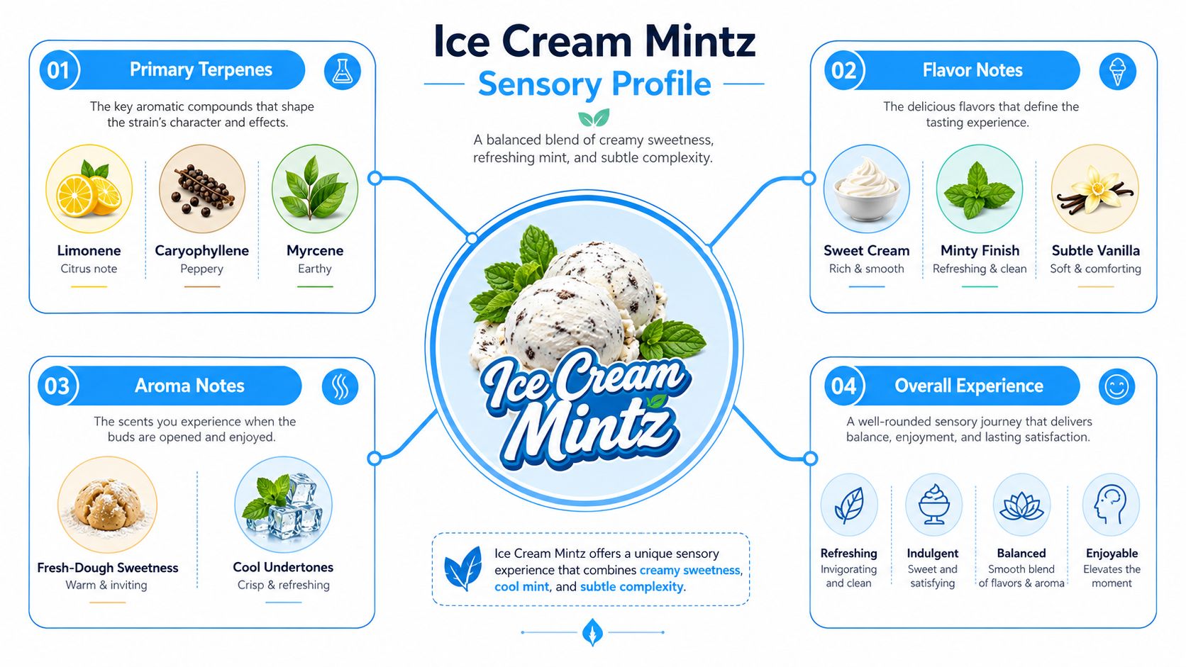A sensory profile infographic for the Ice Cream Mintz cannabis strain detailing its terpenes, flavors, and aromas.