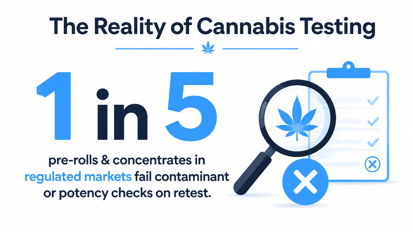 An infographic stating that one in five cannabis pre-rolls and concentrates fail testing in regulated markets.