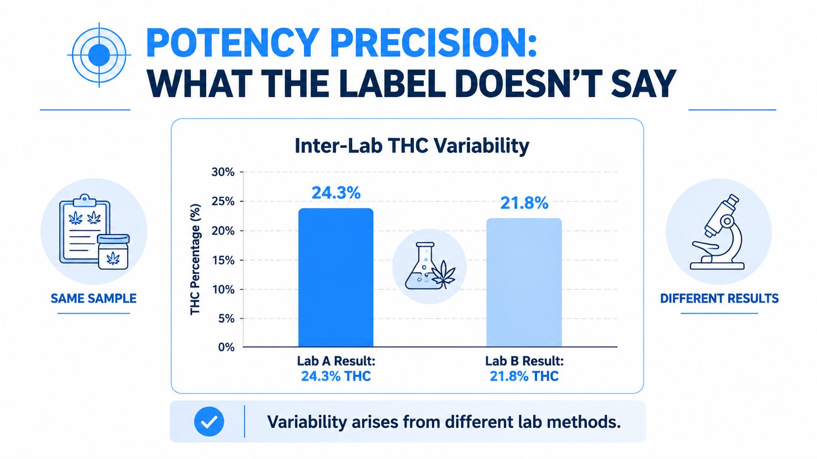 A chart illustrating THC potency variations between two labs testing the same cannabis sample.