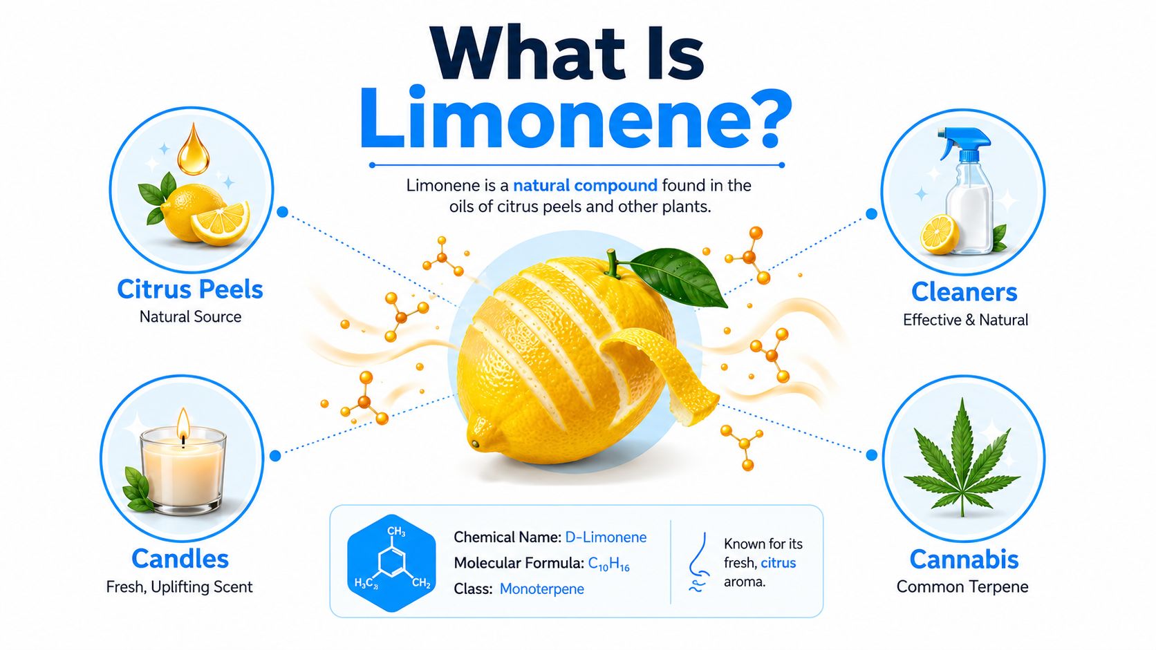 An educational infographic explaining what limonene is, its natural sources, chemical structure, and various common uses.