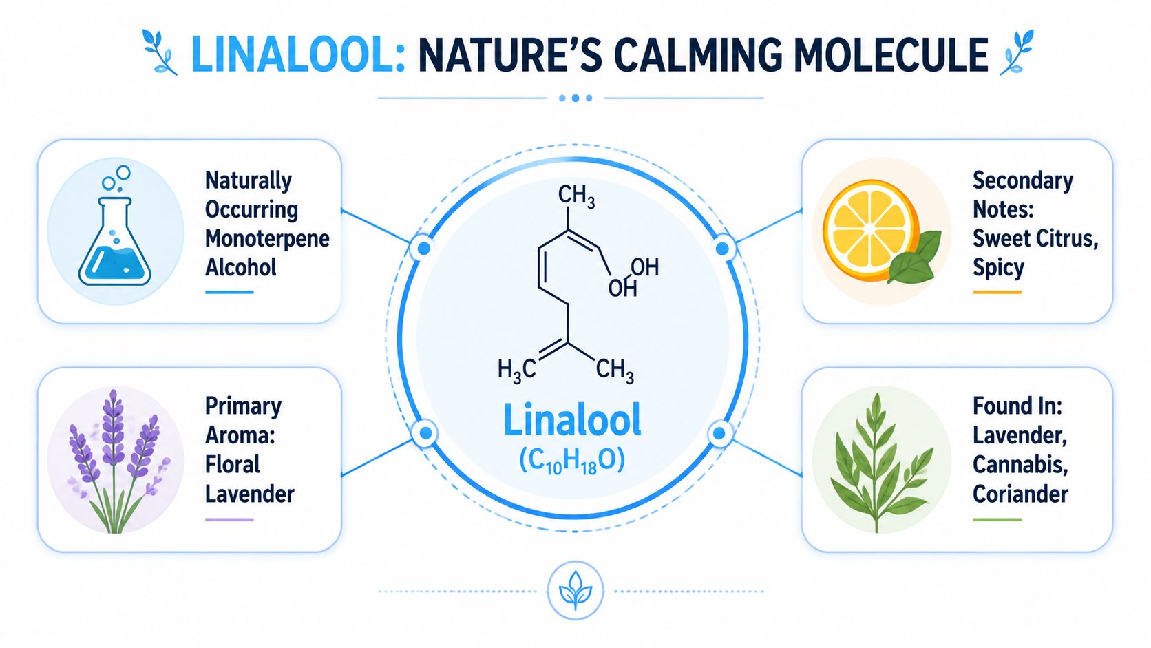 An infographic titled Linalool Nature's Calming Molecule describing its chemical structure, aroma, and natural plant sources.